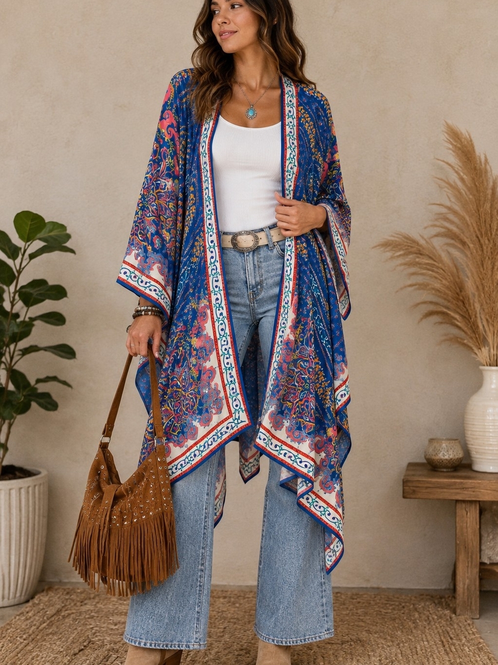 Flying Tomato Blue Boho Paisley Kimono Duster Cardigan Size M
